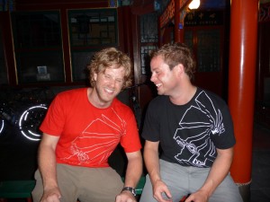 Late night at the Bamboo Gardens, Reidster and Kevin discuss how excited they are about leaving the next day at 9am. Check out the awesome Norco Bicycles behind us and the slick new Casual Industrees t-shirts, representing the WaBrahs in China.